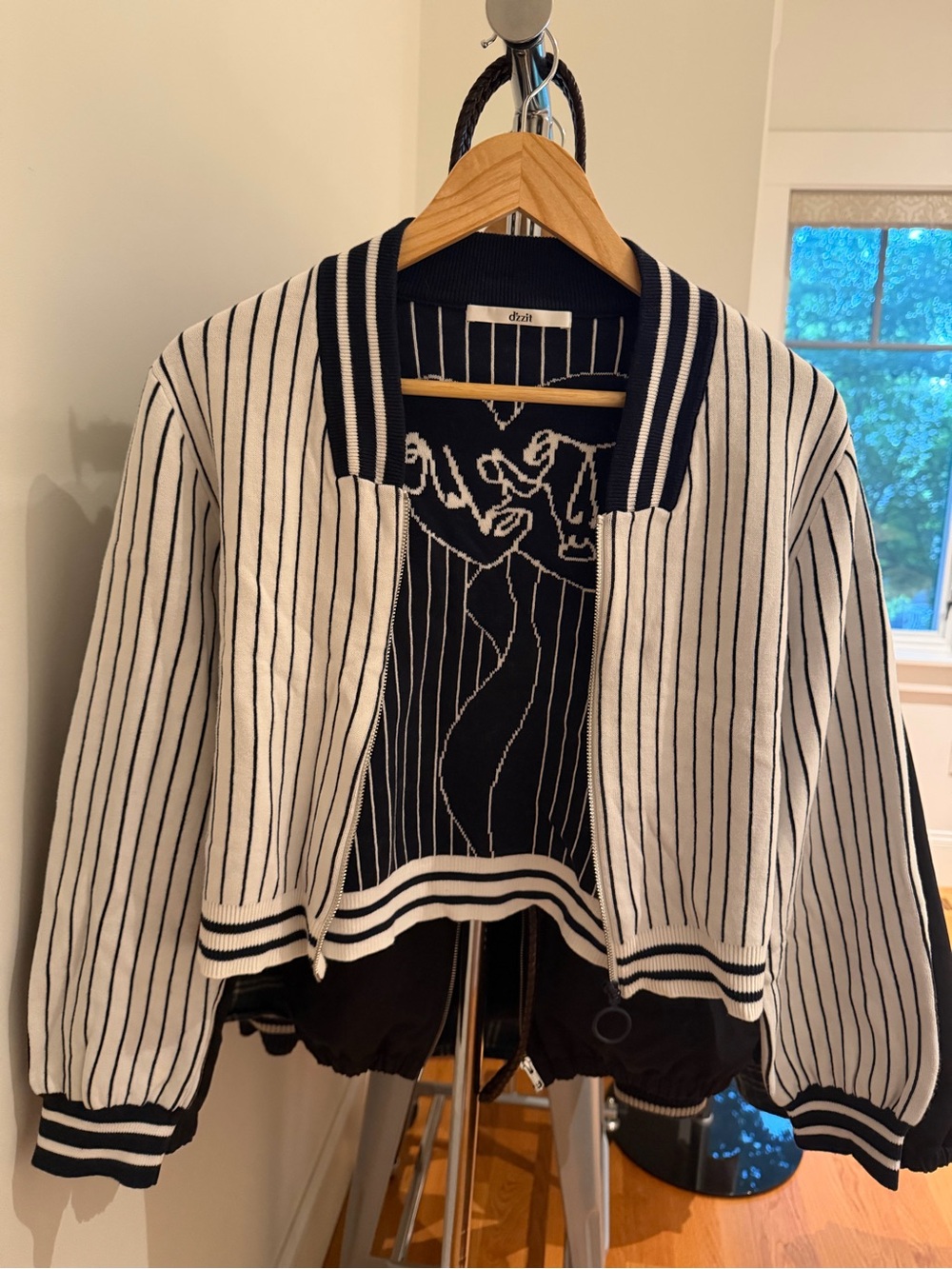 Striped Black and White Knit Bomber Sweater